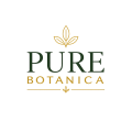 PURE BOTANICA logo featuring a minimalist gold leaf icon with elegant green and gold typography representing a premium botanical and hemp wellness brand.
