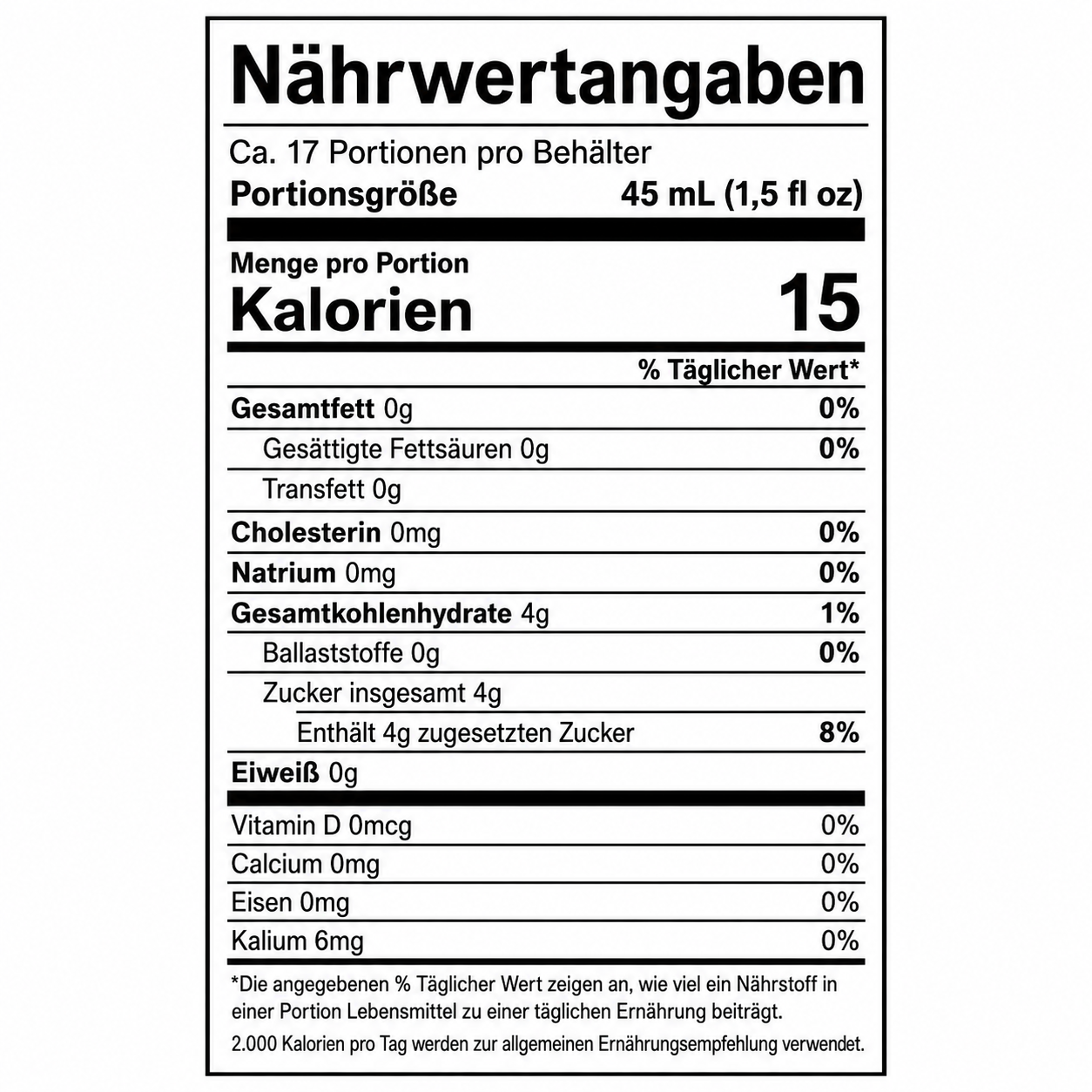 PURE BOTANICA Nährwertangaben | Deutsche Nährwerttabelle für Cannabis-Getränke Professionell gestaltete deutsche Nährwerttabelle für ein PURE BOTANICA Cannabis-Getränk mit Angaben zu Portionsgröße, Kalorien, Fett, Kohlenhydraten, Zucker, Eiweiß, Vitaminen und Mineralstoffen. Das übersichtliche Schwarz-Weiß-Design erfüllt die Anforderungen an eine klare und gut lesbare Produktkennzeichnung.