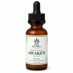 Professionelle Produktaufnahme einer bernsteinfarbenen PURE BOTANICA AWAKEN CBD-Öl-Flasche mit schwarzer Pipette und modernem Etikett. Das Premium-Vollspektrum-Cannabinoid-Öl mit 1200 mg überzeugt durch hochwertige Verarbeitung, minimalistisches Design und laborgeprüfte Qualität für anspruchsvolle CBD-Nutzer.