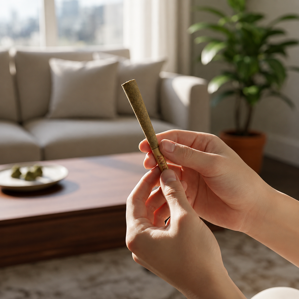 PURE BOTANICA Premium Pre-Roll | Handgerollter Cannabis-Joint in Premium-Qualität Hochauflösende Lifestyle-Aufnahme einer Person, die einen Premium-Pre-Roll von PURE BOTANICA in den Händen hält. Der sorgfältig gerollte Cannabis-Joint steht im Fokus vor einem modernen Wohnbereich und vermittelt hochwertige Verarbeitung, natürliche Cannabisblüten und ein stilvolles Premium-Erlebnis für Erwachsene.
