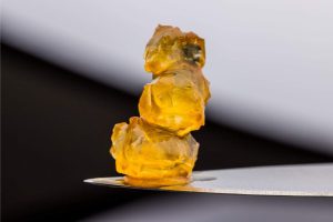 Makroaufnahme eines goldfarbenen Live-Rosin-Konzentrats von PURE BOTANICA auf einer Dab-Klinge. Die transparente, harzreiche Konsistenz und der bernsteinfarbene Glanz unterstreichen die hochwertige Qualität des lösungsmittelfreien Cannabis-Konzentrats für anspruchsvolle Genießer.
