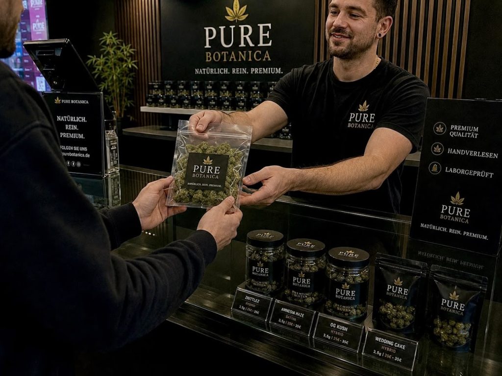 Ein Mitarbeiter von PURE BOTANICA überreicht einem Kunden eine Packung hochwertiger CBD-Blüten an der Verkaufstheke. Im modernen CBD-Fachgeschäft sind Premium-CBD-Blüten, Hanfprodukte und Zubehör stilvoll präsentiert, während PURE BOTANICA Branding und deutschsprachige Qualitätsmerkmale im Hintergrund sichtbar sind.