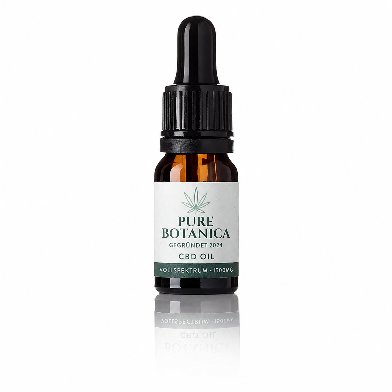 1500mg Full-Spectrum-CBD-Öl | Pure Botanica Hochwertige Produktaufnahme einer PURE BOTANICA CBD Öl Vollspektrum 1500 mg Flasche mit Pipette. Die braune Glasflasche mit modernem, deutschsprachigem Etikett steht vor weißem Hintergrund und präsentiert ein Premium-Vollspektrum-CBD-Öl aus hochwertigem Hanf für höchste Qualitätsansprüche.