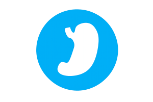 Konsumformen High-quality transparent icon of a white stomach symbol inside a blue circular design, representing stomach health, digestion, gastrointestinal wellness, and digestive system care.