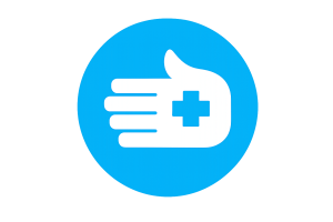 Konsumformen High-quality transparent icon featuring a white hand with a medical cross inside a blue circular design, representing topical CBD products, skincare, first aid, pain relief, wound care, and external wellness applications.