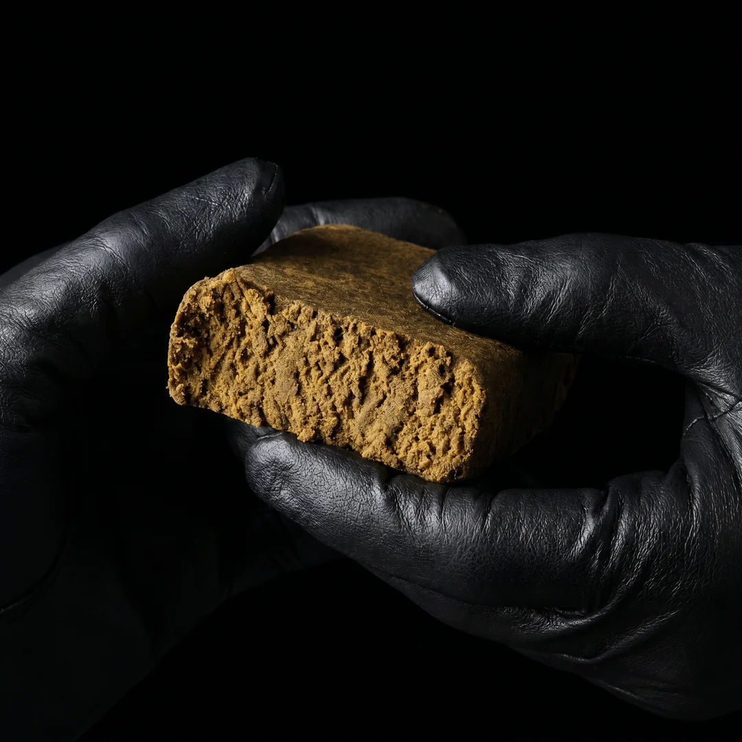 Premium CBD Hash Block – Pure Botanica Traditional Hemp Hash Close-up of a premium CBD hash block with a freshly cut piece revealing its soft, crumbly texture. High-quality hemp hash crafted from CBD-rich cannabis, ideal for customers seeking authentic traditional hash with natural aroma and premium quality.