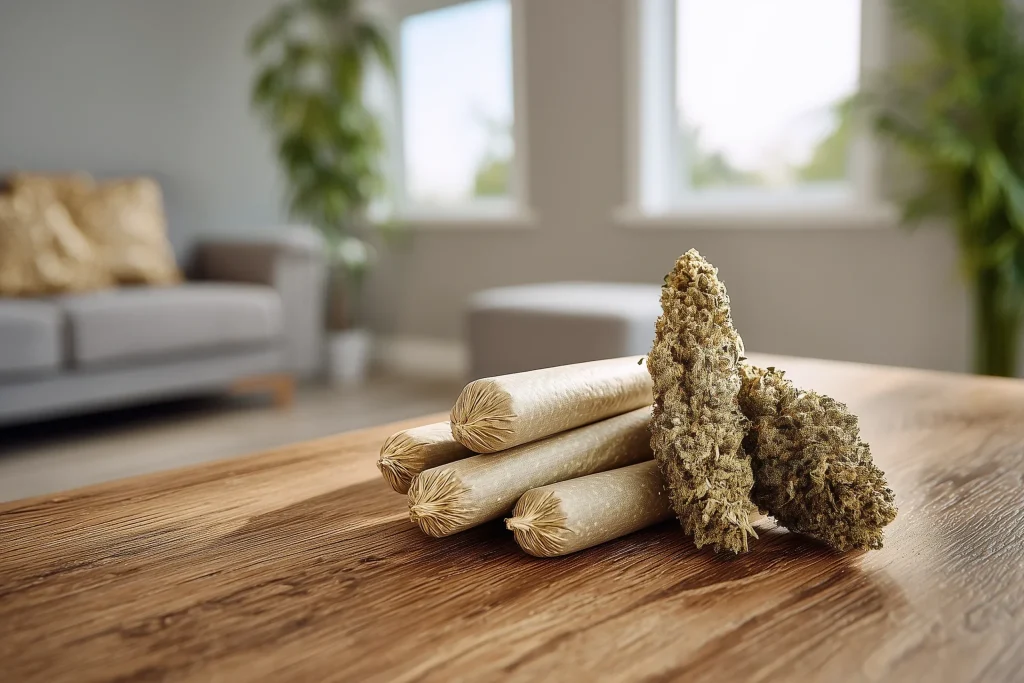 Mehrere vorgedrehte Joints, arrangiert auf einem Holztisch neben zwei Cannabis-Blüten, in einer sanft beleuchteten Innenraum-Umgebung.