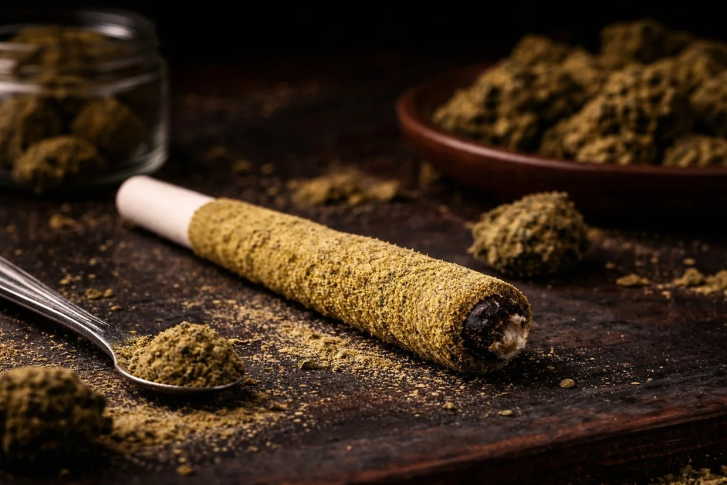 Nahaufnahme eines Cannabis-Pre-Rolls, umgeben von gemahlenem Cannabis und Cannabisblüten auf einer dunklen Holzoberfläche.